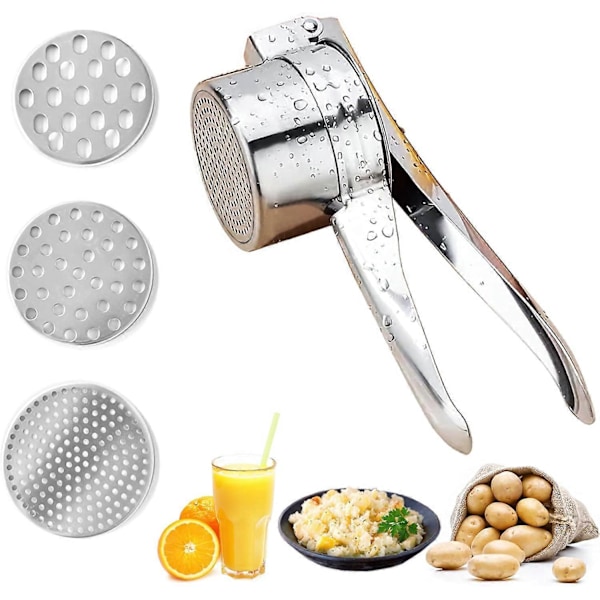Handhållen potatisstöt Potatispress i rostfritt stål, professionell, med 3 utbytbara filter för fin, fluffig potatismos, lämplig