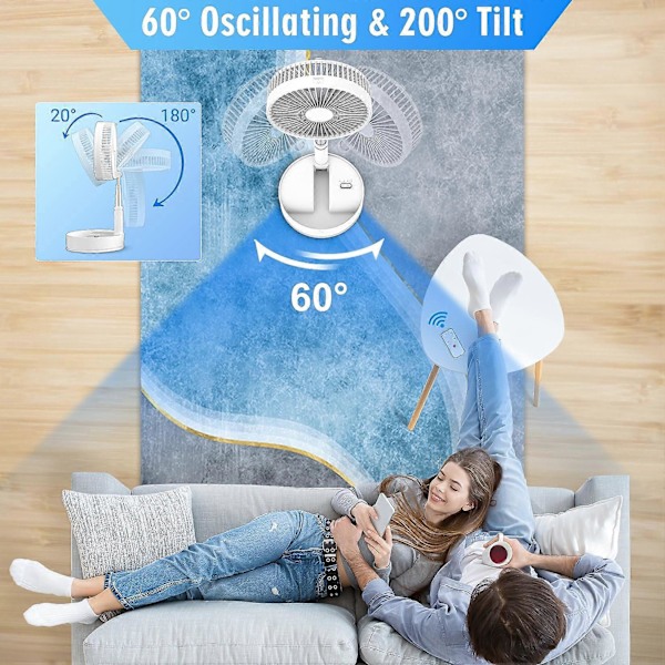 Foldbar oscillerende stående ventilator med fjernbetjening, bærbar lydsvag bordventilator, 7200mah genopladelig USB, til soveværelse kontor - GSLA Hvid