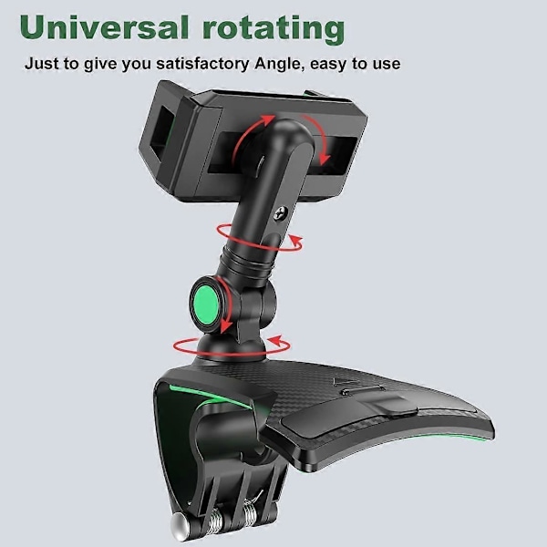Multifunksjonell dashbord biltelefonholder med 360 justerbar fjærklemme, egnet for 3-7 tommers smarttelefoner (Svart-Grønn)