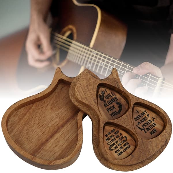 3-delat gitarrplektrumset med akacialåda för gitarrspel, finpolerat plektrum med naturlig ådring