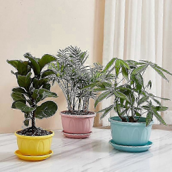 Blomsterpotte Pent Utseende Mote Lettvekt Plast Blomster Grønnsaksplanter Potte Med Brett For Hjem 2XL Gul