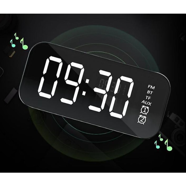 Digital LED-vekkerklokke med Bluetooth-høyttaler og lysende elektronisk musikkboks ved sengen - Hvit