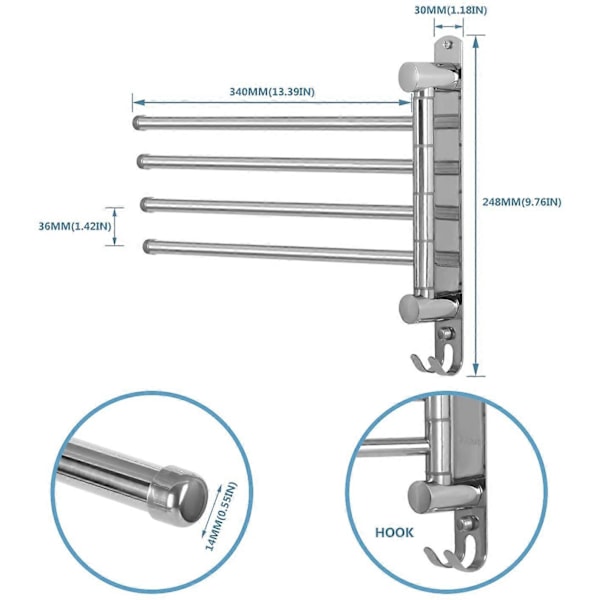 Badhanddukshängare med 4 Stänger 180° Roterande Handdukshängare SUS304 Rostfritt Stål 34CM Väggmonterad Handdukshängare för Badrum Kök Diskbänk - Silver