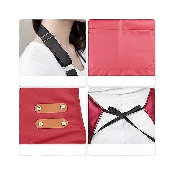 Waterproof PU Apron with Large Pocket Adjustable Oil-Resistant Apron for Kitchen Dishwashing Cooking Red