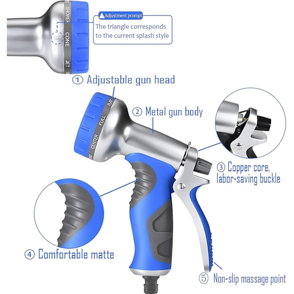 9 mönster trädgårdsslangsspruta - Munstycke i kraftig metall, högt tryck - Blå (1-pack)