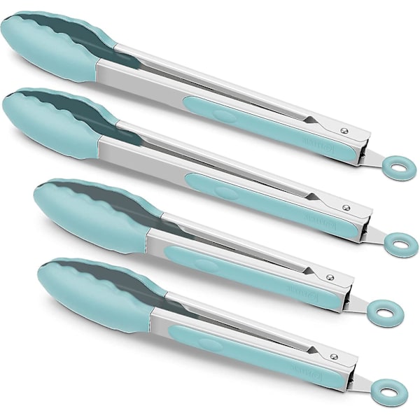 Premium silikone BPA-fri, non-stick rustfrit stål BBQ madlavning grill madpincet (4-pak, 9-tommer) - Aqua Sky