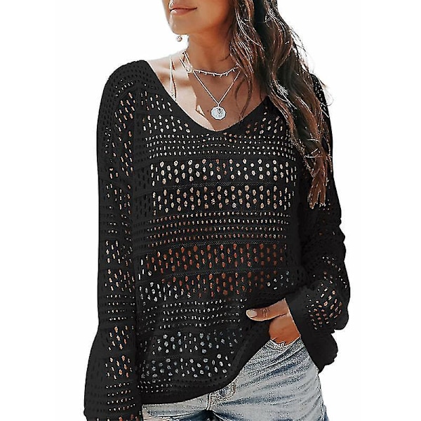 Enfärgad V-ringad spetsvirkad bikini-cover-up strandkläder topp för kvinnor 2XL svart