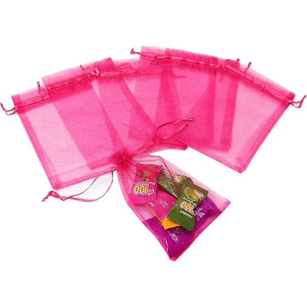 100 stk. Organza Poser 4x6 Tommer, Hot Rose Små Smykkeposer Snøring Mesh Gaveposer Bryllupsfest Favor Julegodteposer