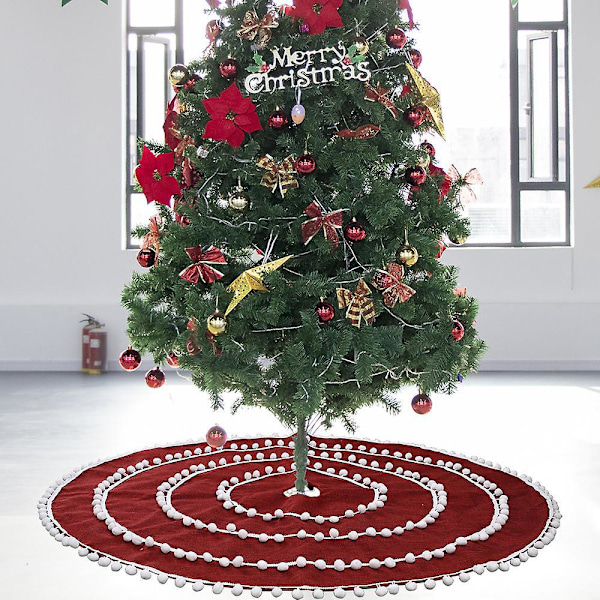 Julgransmatta 122 cm Röd Linne Julgransmattor Med Pom Pom För Juldekorationer