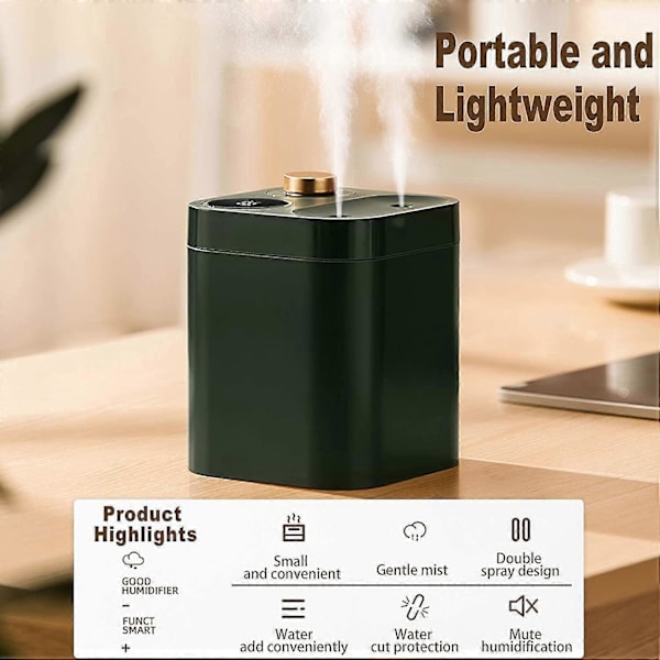 Trådløs luftfukter, 5 stille spraymoduser, med strømdisplay (800ml grønn)
