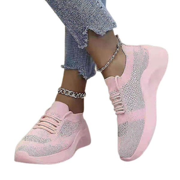 Rhinestone Mesh Lace-up Women's Athletic Running Sneakers38 Pink