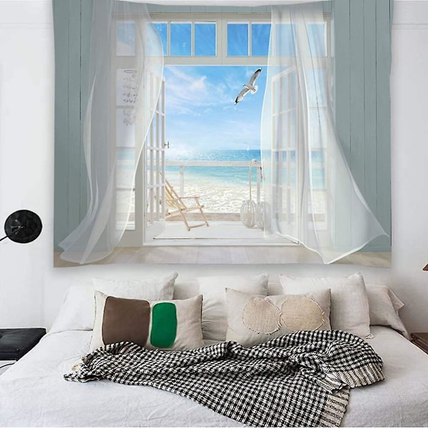 Väggbonad med havsmotiv, Sovrum Naturlig Strand Väggbonad, Boho Mås Tropiskt Paradis Väggdekor Fönster Vardagsrum Sovsal Kontor 150*130CM