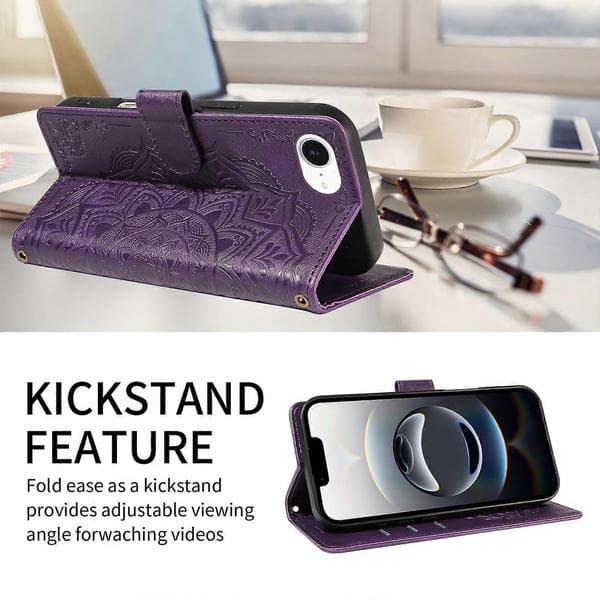 Compatible with iPhone 16e / iPhone 17e Wallet Case Embossed Mandala Pattern PU Leather + TPU Shell with Wrist Strap