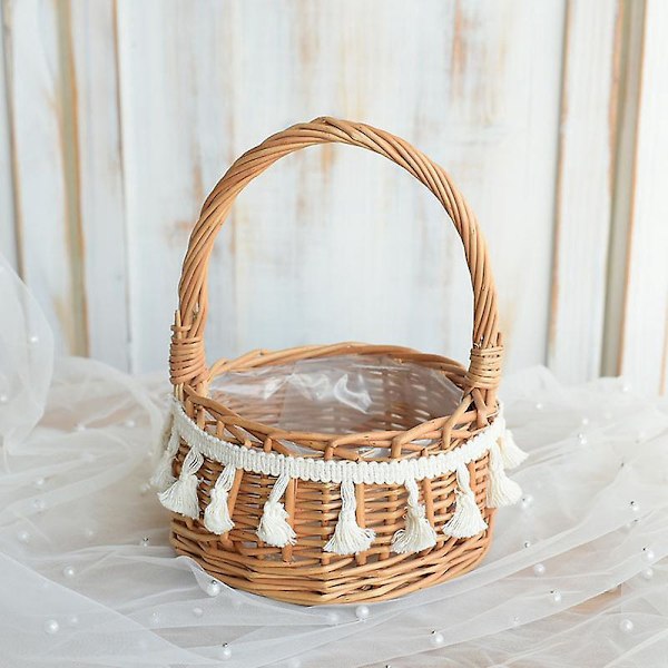2 kpl Rustic Woven Rattan Kukkakori Käsittelyllä, Kahvalla, Pitsikoristeilla, Kukille ja Hedelmille, Hääihin, Syntymäpäiville ja Juhliin