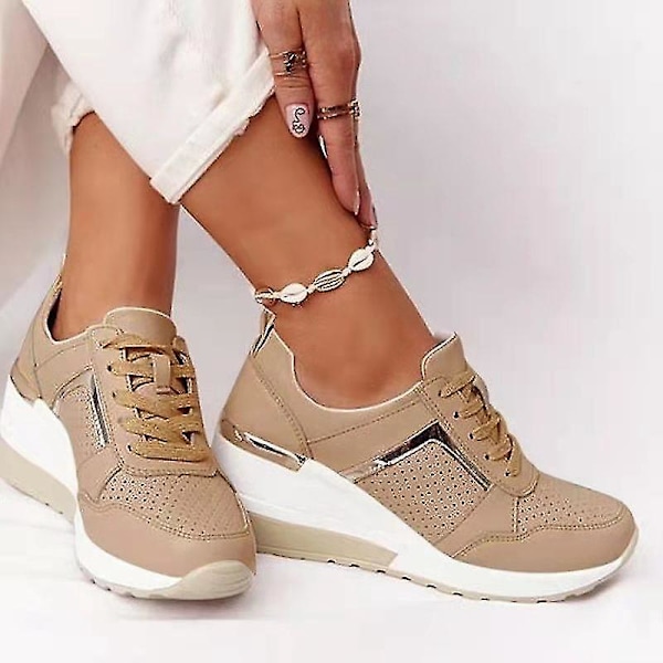 Women's Khaki Lace-up Wedge Sneakers for Casual Comfort