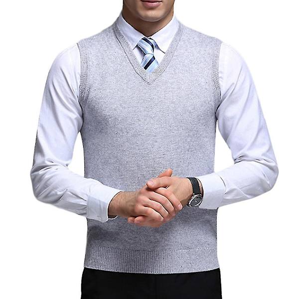 Solid strikket V-hals vest for menn casual høst XL lys grå