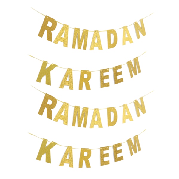 2-pack Ramadan Kareem-banderoll med guldbokstäver, dekorativ, justerbar rep, kartongmaterial, muslimsk islamisk festbanderoll