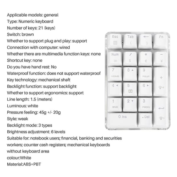 Mechanical Numeric Keypad Gateron Brown Switch Wired Gaming Keyboard Crystal Shell White Backlight 21 Keys