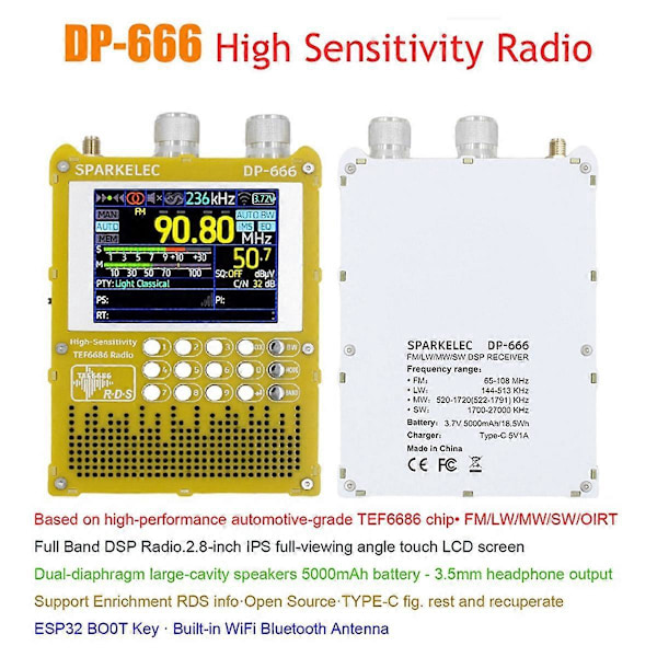 Fullbandsradio IPS Touch Screen Högkänslig Mottagare Svart