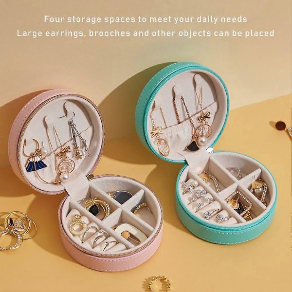 Bærbar Ørering Opbevaringsetui Rund Smykkeskrin Rejse Lynlås PU Læder Smykkeemballage Display Organizer Gaveæske - Pink