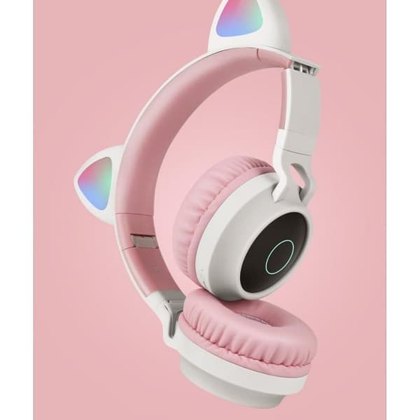 Trådløse Bluetooth-hovedtelefoner med katteører, lang batterilevetid til piger, kablede høretelefoner (pink-grå)