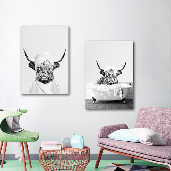 Sæt med 3 Badeværelsesplakater - Højlandskvægsmønster - Sort og Hvid Vægprint - 30x42 cm