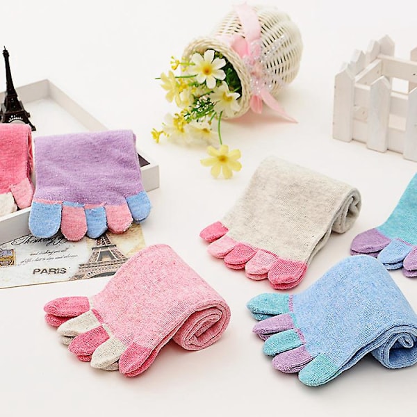 Beige bomullssokker med 5 fingre med flerfargede tær - Unisex mellomsylindrede vår-/høstfingersokker