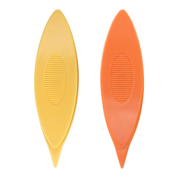 2 st. skyttlar i plast för handarbete, stickning (orange gul)