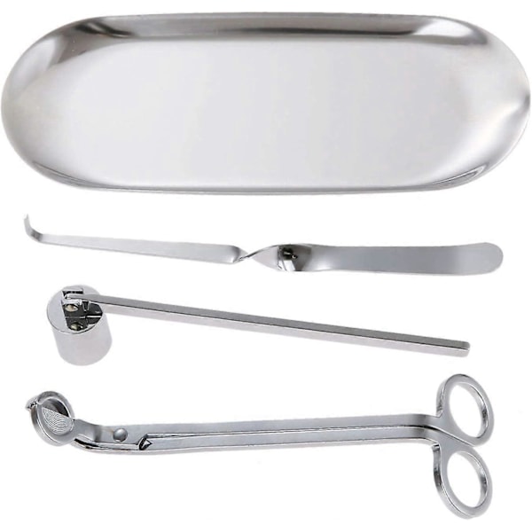 Ljus sax, ljusveke trimmer, ljusbricka och ljusveke krok ljus tillbehör set (Silver - 4 delar)
