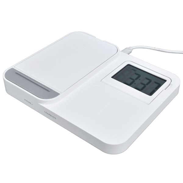 3 in 1 LCD-digitaalinen herätyskello puhelimen kuulokkeiden langattomalla laturilla USB-virtalähteellä kotiin toimistoon valkoinen