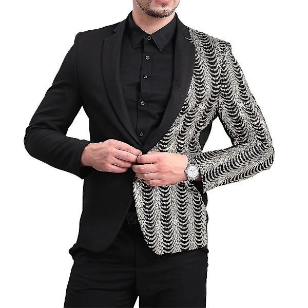 Sequin-besat jakke med haklapel til bryllup og banket for mænd - Sort/Guld - 3XL