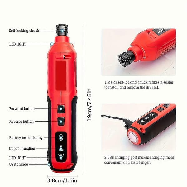 3.6V Cordless Electric Screwdriver Set, 5 Speeds USB Rechargeable Dual LED Light, Portable Cordless Automatic Screwdriver Red