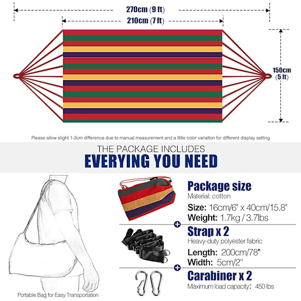 Bærbar bomullshengekøye med trestropper - Slitesterk & komfortabel, tåler opptil 204 kg - Perfekt for camping og reiser