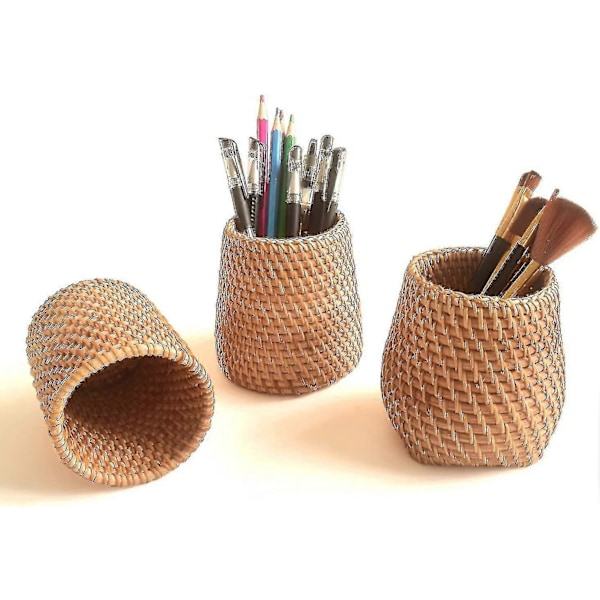 Håndlavet Makeup Børsteholder Blyantholder til Skrivebord, Rattan Pen Kop (cylinder) Zekai Cylinder