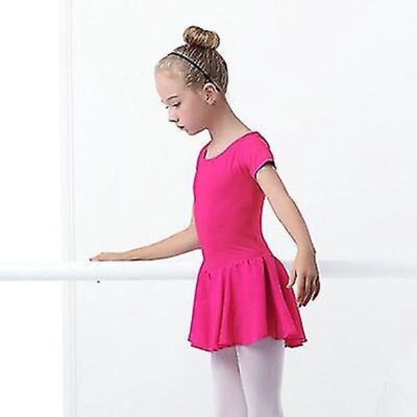 Girls Short Sleeve Ballet Dress with Chiffon Skirts and Bowknot - Hot Pink, Height 120-130cm