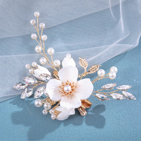 Blomsterdekorativ Hårklemme Gullblad Håndlaget Hårpynt Hårnål White