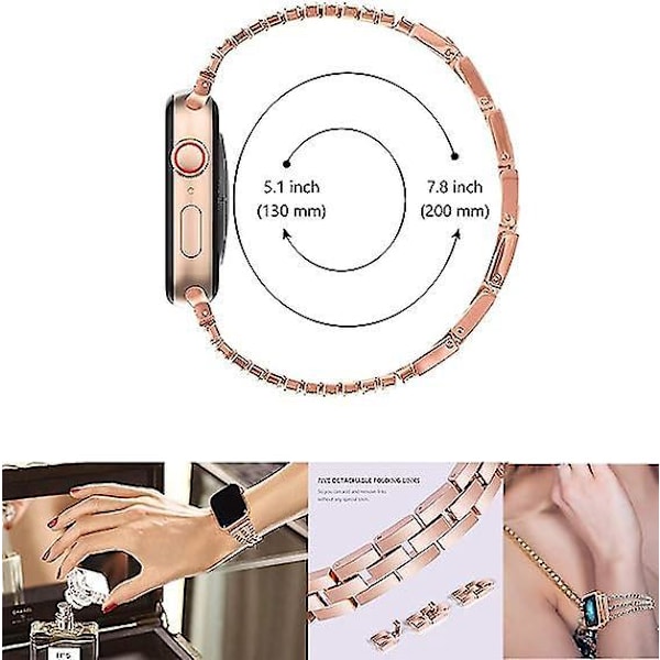 Justerbar erstatningsrem i læder og rustfrit stål til Iwatch 38-40 mm serie 1-5, udsmykket med rhinsten, designet til kvinder