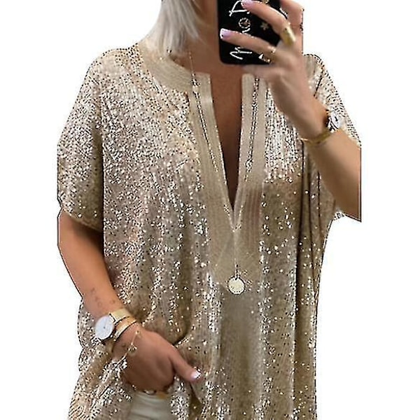 V-hals Sequin Kort Ermet Kvinners Casual T-Skjorte Bluse XL Gull
