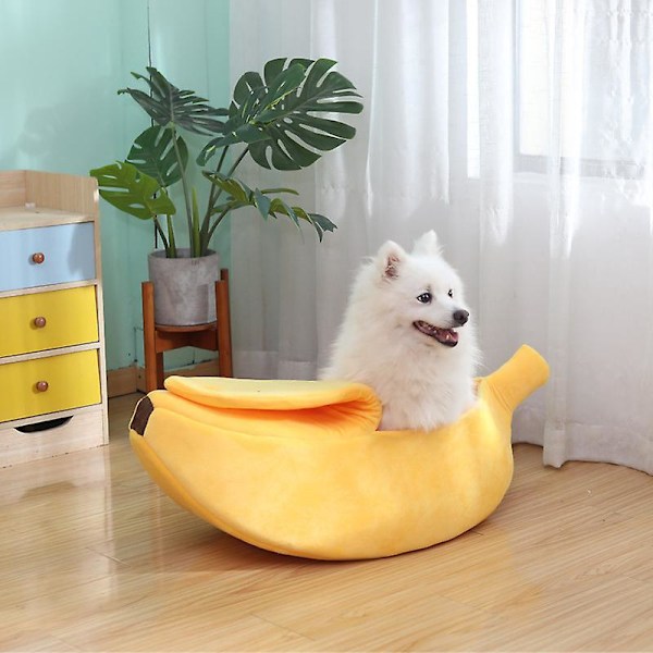 Innendørs Kattehus Seng, Myk Bananformet Seng for Katt og Hund, Gul, M(55*20*17cm) - for Kjæledyr under 2.5kg