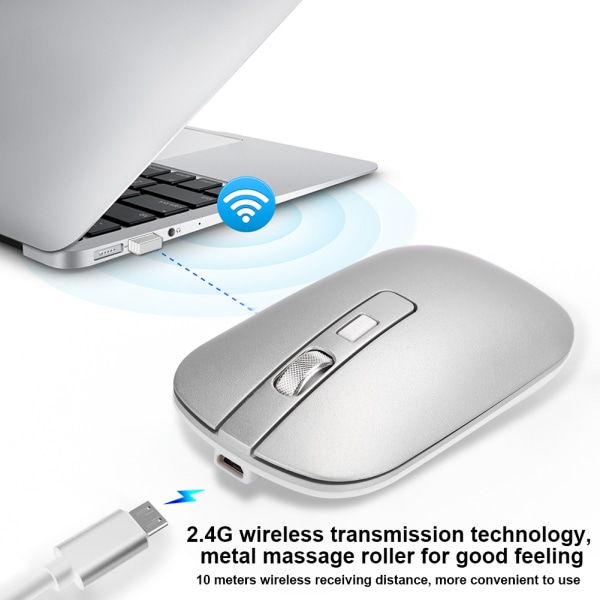 2,4G trådlös mus Ergonomisk 1600 DPI Högupplöst USB -laddning DatortillbehörSilver