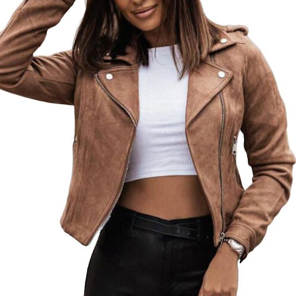 Khaki Kvinders Suede Motorcykel Bikerjakke, Lynlås, Afklippet Frakke (Størrelse 2XL)