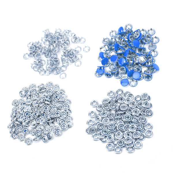 100 sæt trykknapper i farverigt messing med installationværktøj - Blå