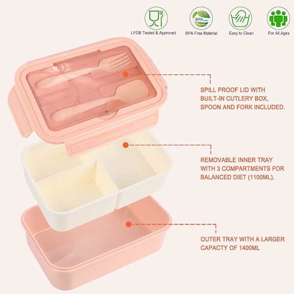 Läckagesäker lunchlåda för barn med bestickset - 1400 ml lunchlåda med fack för vuxna