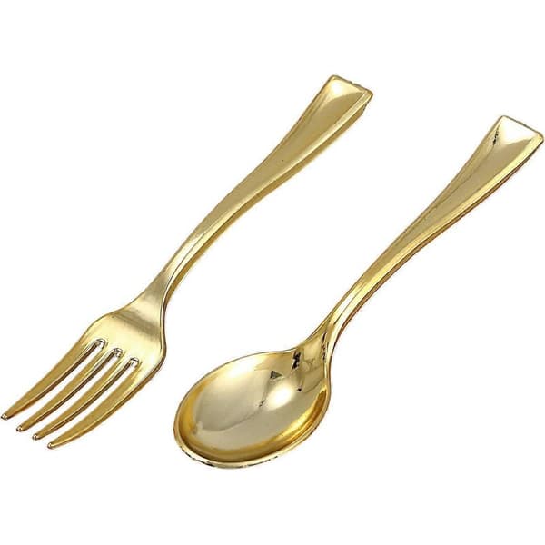 144 guld plastikskeer og 72 mini guld kaffe-/kagegafler