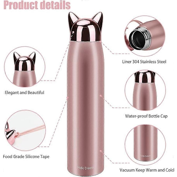 Söt Katt Vattenflaska, Rostfritt Stål Isolerad Vattenflaska Termos Vakuum Rese Kaffemugg, 320 ml/10.8 oz (Rosa)