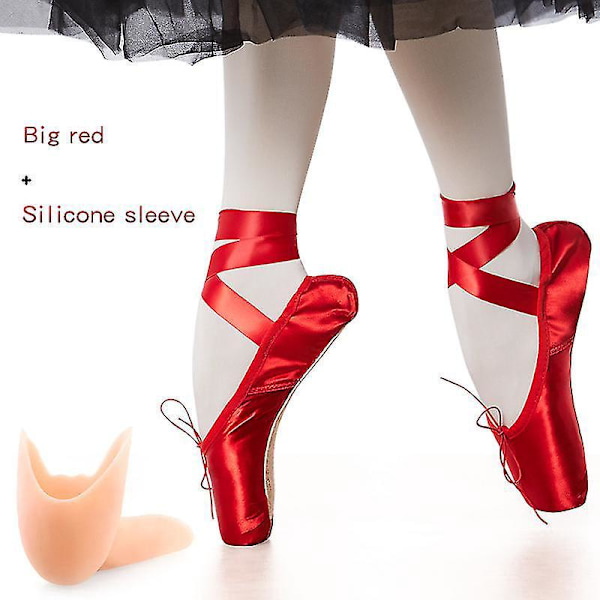 Satin Ballet Dance Shoes for Girls and Ladies - Red, with Ribbons