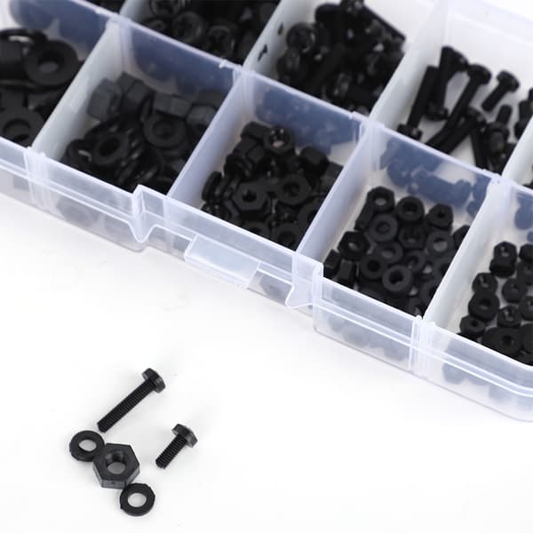 270 st/låda M2/M2.5/M3/M4/M5 Nylon Skruv Mutter Bricka Sortimentskit Hårdvara Fästelement Svart