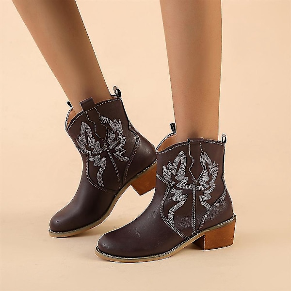 Cowboy Ankle Boots til Kvinder - Kaffe, Mellemhæl, Bredde