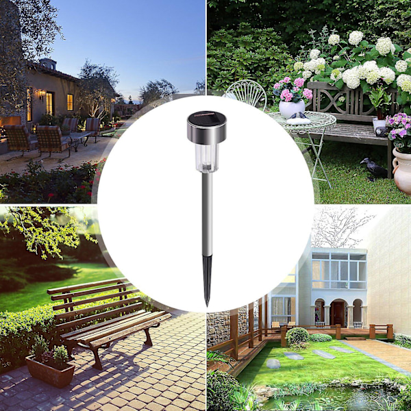Sett med 10 solcellelamper utendørs hage LED rustfritt stål vanntett utendørsbelysning, hvit, 36,5 * 5,5 cm