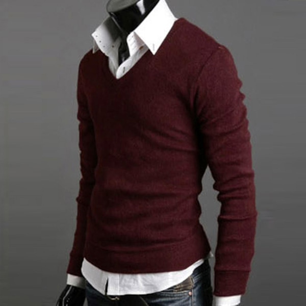 Enkel V-ringad stickad tröja - Herr långärmad pullover L vinröd